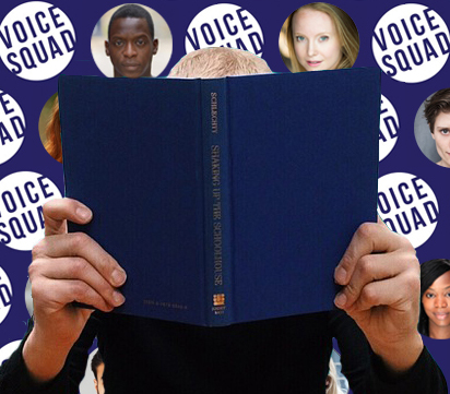 An audiobook narrator reading in front of a voice squad logo