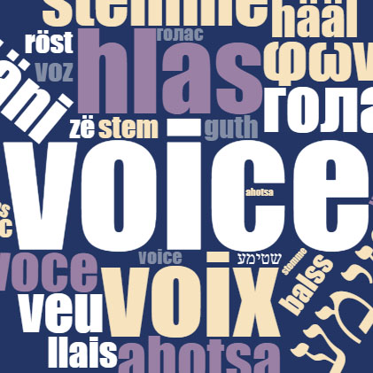 a cloud of translations of the word voice for educational voice overs