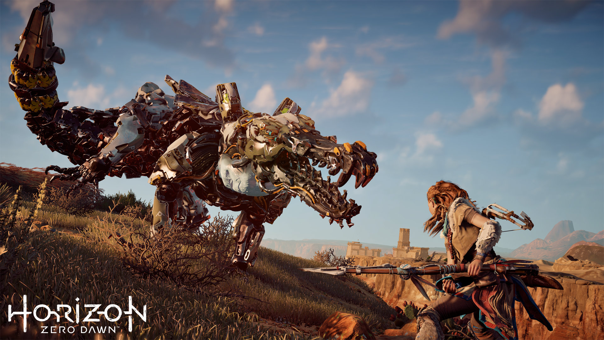 Video Game Horizon Zero Dawn Aloy fights Crocodile machine